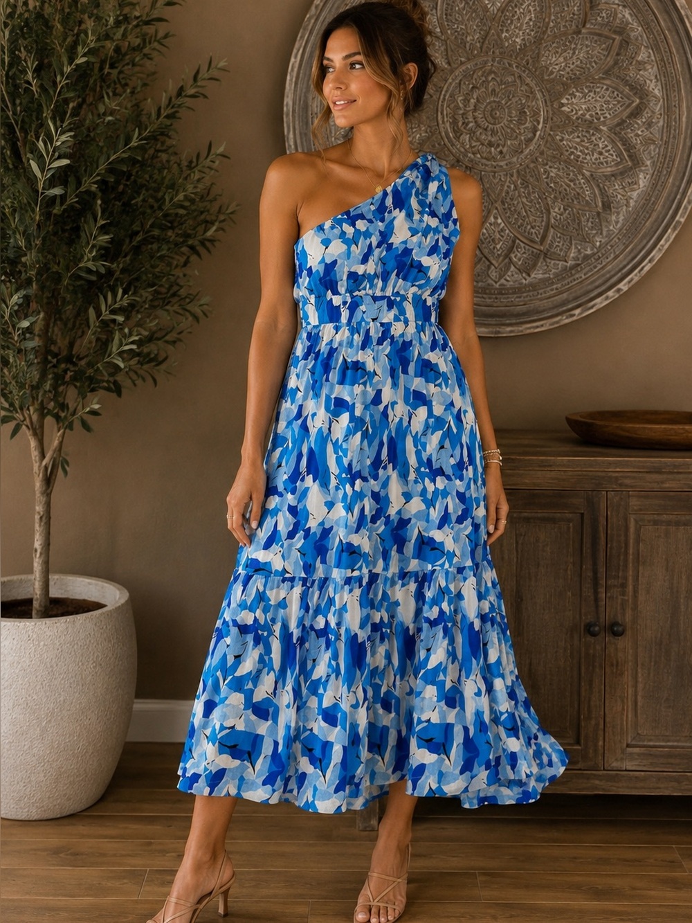 Boutique Blue & White One-Shoulder Floral Tiered Side Zip Maxi Dress NWOT